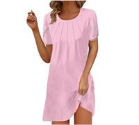 Dyhxuan Sommerkleid Damen Elegant Plissiertes Tunika Kleid Einfarbige Blusenkleid Blütenblatt Ärmel Tshirtkleid mit Rundhals Große Größen Sommerkleider Knielang A-Linie Kleider S-5XL Partykleid