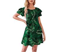 Dyhxuan Sommerkleid Damen Elegant Tunika Kleid Blumen Druck Partykleid Kurzarm Rundhals A-Linien Kleid Slim Fit Urlaubskleid Knielang Midikleid Rüschensaum Blusenkleid Strandkleid Freizeitkleid