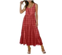 Dyhxuan Sommerkleid Damen Kariert Strandkleid Ärmellose U-Ausschnitt Freizeitkleid A Linien Plisseekleid Leicht und Luftig Sommerkleider Sommer Swing Kleid