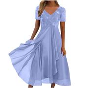 Dyhxuan Sommerkleid Damen Knielang Spitze Chiffon Swing Kleid Elegant Einfarbige Blusenkleid Kurzarm Tunika Kleider mit V-Ausschnitt Bequeme A-Linie Kleid Partykleid Midi Plisseekleid