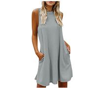 Dyhxuan Sommerkleid Damen Lässig Einfarbige Tankkleid Ärmellos Rundhals Freizeitkleid Casual Knielang Strandkleid A-Linien Kleid mit Taschen Partykleid Urlaubskleid Panzerkleid Panzerkleid
