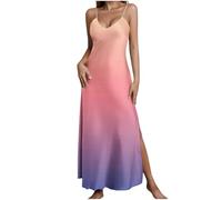 Dyhxuan Sommerkleid Damen Lang Farbverlauf Spaghettiträger Kleid Satin V-Ausschnitt Trägerkleid Schlitz Maxikleid Elegant Satinkleid