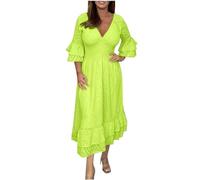 Dyhxuan Sommerkleid Damen Lang Tunika Kleid Lässig Einfarbige Maxikleid Ausgestellte Ärmel V-Ausschnitt Partykleid Knöchellang A-Linie Kleider Locker Blusenkleid Freizeitkleid Skaterkleid