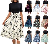 Dyhxuan Sommerkleid Damen Rollkragen Kurzarm Midikleid Sommer Gerippt Freizeitkleid Hohe Taille Blumen Kleid Lässiges Sommerkleider Blumenkleid
