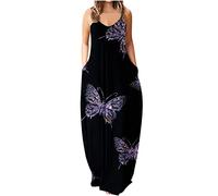 Dyhxuan Sommerkleid Damen Schmetterlingsdruck Maxikleid Lässig Locker Trägerkleid Ärmellos V-Ausschnitt Lang Strandkleid Plus Size Freizeitkleid Partykleid mit Taschen Knöchellang Urlaubskleid