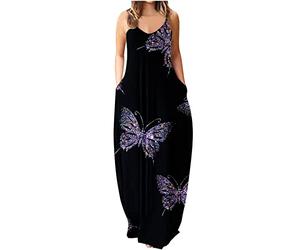 Dyhxuan Sommerkleid Damen Schmetterlingsdruck Maxikleid Lässig Locker Trägerkleid Ärmellos V-Ausschnitt Lang Strandkleid Plus Size Freizeitkleid Partykleid mit Taschen Knöchellang Urlaubskleid