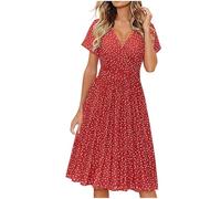 Dyhxuan Sommerkleid Damen V-Ausschnitt Kurzarm Tshirt Kleid Gepunktet Swing Kleider Casual Einfarbig Shirtkleid Leicht Sommerkleider Strandkleid Weiche Freizeitkleider A-Linie Cocktailkleid Partykleid