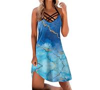 Dyhxuan Strandkleid Damen Ärmellos Halfter Sommerkleid Elegant Marmordruck A-Linien Kleid Schulterfrei Locker Freizeitkleid Knielang Partykleid Urlaubskleid Skaterkleid Taillenkleid Blusenkleid