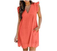 Dyhxuan Strandkleid Damen Lässig Einfarbige Sommerkleid Ärmellos V-Ausschnitt Midikleid Rüschen Freizeitkleid Locker Knielang Tankkleid A-Linien Kleid Partykleid Urlaubskleid Skaterkleid Panzerkleid