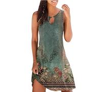 Dyhxuan Strandkleid Damen Retro Druck Sommerkleid Ärmellos Rundhals Tankkleid Knielang Midikleid Aushöhlen A-Linien Kleid Partykleid Große Größen Freizeitkleid Locker Urlaubskleid Skaterkleid