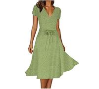 Dyhxuan Strandkleid Damen Tupfen Druck Sommerkleid Kurzarm V-Ausschnitt A-Linien Kleid Locker Swing Midikleid Freizeitkleid mit Schnürung Knielang Partykleid Urlaubskleid Skaterkleid Blusenkleid