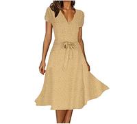Dyhxuan Strandkleid Damen Tupfen Druck Sommerkleid Kurzarm V-Ausschnitt A-Linien Kleid Locker Swing Midikleid Freizeitkleid mit Schnürung Knielang Partykleid Urlaubskleid Skaterkleid Blusenkleid