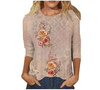 Dyhxuan T-Shirt Damen 3/4 Ärmel Bluse Vintage Blumendruck Tshirt Sommer Tops Locker Rundhals Oberteile Tunika Pullover Tunic Blusenshirt Kurzarm Blouse Basic Shirt Frauen Sommerbluse Blusentops