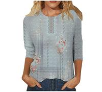 Dyhxuan T-Shirt Damen 3/4 Ärmel Bluse Vintage Blumendruck Tshirt Sommer Tops Locker Rundhals Oberteile Tunika Pullover Tunic Blusenshirt Kurzarm Blouse Basic Shirt Frauen Sommerbluse Blusentops