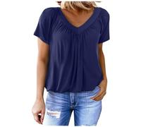 Dyhxuan T Shirt Damen Kurzarm Plissee V-Ausschnitt Tshirt Loose Baumwolle Oberteile Einfarbig Kurzarm T-Shirt Weiche Tee Shirt Tunika Casual Pullover Longshirt Elegant Blusenshirt für Damen