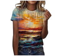 Dyhxuan T-Shirt Damen Sommer Bluse Mode Buntes Druck Tshirt Slim Fit Oberteile Kurzarm Rundhals Tops Basic Shirt Frauen Große Größen Tunika Blouse Blusenshirt Blusentops Teenager Mädchen Sportshirt