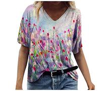 Dyhxuan T-Shirt Damen Sommer Tshirt Lässig Blumendruck Bluse Kurzarm Tops mit V-Ausschnitt Tunika Shirt Große Größen Oberteile Tunic Blouse Pullover Blusenshirt Blusentops Sportshirt Sommershirts