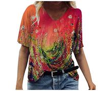 Dyhxuan T-Shirt Damen Sommer Tshirt Lässig Blumendruck Bluse Kurzarm Tops mit V-Ausschnitt Tunika Shirt Große Größen Oberteile Tunic Blouse Pullover Blusenshirt Blusentops Sportshirt Sommershirts
