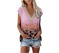 Dyhxuan T-Shirt Damen Spitze Tops Retro Druck Tshirt Oberteile Sommer Locker Bluse Kurz Ärmel Sommerbluse mit V-Ausschnitt Blusentops Blouse Tunika Sommerbluse Sport Oberteile Sportshirt Sommershirts