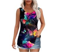 Dyhxuan Tank Top Damen Bunte Schmetterling Druck Oberteile Sommer Ärmellose Tanktops Große Größen Plissierte Trägertop Basic Rundhals Pullover Tops Elegant Bedrucken Trägershirt Lässig Tunika Bluse