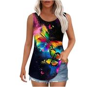 Dyhxuan Tank Top Damen Bunte Schmetterling Druck Oberteile Sommer Ärmellose Tanktops Große Größen Plissierte Trägertop Basic Rundhals Pullover Tops Elegant Bedrucken Trägershirt Lässig Tunika Bluse