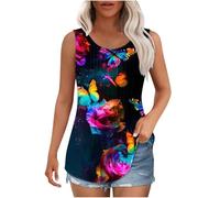 Dyhxuan Tank Top Damen Bunte Schmetterling Druck Oberteile Sommer Ärmellose Tanktops Große Größen Plissierte Trägertop Basic Rundhals Pullover Tops Elegant Bedrucken Trägershirt Lässig Tunika Bluse