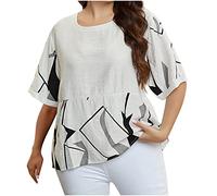 Dyhxuan Tops Damen Baumwolle Leinen Oberteile Sommer Tshirt Abstrakte Drucke T-Shirt Kurzarm Bluse mit Rundhals Große Größen Locker Blusentops Sommerbluse Shirt Sport Oberteile Sportshirt Pullover