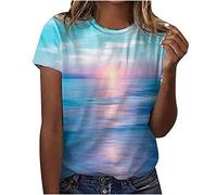 Dyhxuan Tops Für Damen Sommer T-Shirt Sonnenuntergang Strand Druck Tshirt Kurzarm Bluse mit Rundhals Slim Fit Oberteile Basic Tops Shirt Blouse Pullover Blusentops Sommerbluse Sportshirt Strandbluse
