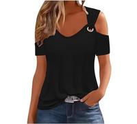 Dyhxuan Trendige Oberteile Damen Schulterfrei Bluse Elegant Einfarbige T Shirt Kurzarm Tunika mit V-Ausschnitt Sommer Tops Baumwolle Gemütlich Pullover Teenager Mädchen Shirt Sommerbluse