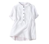 Dyhxuan Tshirt Damen Baumwolle Leinen Bluse Einfarbige Leinen Shirt Sommer Kurzarm Spitze Tops Locker Rundhals T-Shirt Oberteile Blouse mit Knöpfe Blusenshirt Sommerbluse Sommershirts Pullover