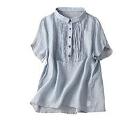 Dyhxuan Tshirt Damen Baumwolle Leinen Bluse Einfarbige Leinen Shirt Sommer Kurzarm Spitze Tops Locker Rundhals T-Shirt Oberteile Blouse mit Knöpfe Blusenshirt Sommerbluse Sommershirts Pullover