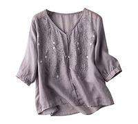 Dyhxuan Tshirt Damen Baumwolle Leinen Tops Retro Einfarbige Oberteile Gestickter Druck T-Shirt Bluse Sommer Kurzarm Blusentops V-Ausschnitt Shirt Sommerbluse Blusenshirt Sommershirts Pullover