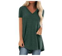 Dyhxuan Tshirt Damen Sommer Einfarbige T-Shirt Oversize Locker Bluse Lässig Longshirt Kurzarm Tops mit V-Ausschnitt Tunika Blouse Kurz Ärmel Oberteile Casual Shirt Pullover Longbluse Sommerbluse