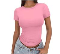 Dyhxuan Tshirt Damen Sommer Kurzarm T-Shirt Basic Rundhals Oberteile Slim Fit Unterhemden Stretch T Shirt Elegant Crop Top S-3XL