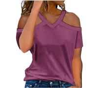 Dyhxuan Tunika Damen Sommer Modische Spitzenbesatz T-Shirt Schulterfrei Oberteile Einfarbige V-Ausschnitt Bluse Sommerlich Kurzarm Shirt Slim Fit Tops Baumwolle Party Pullover Shirtbluse S-5XL