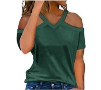 Dyhxuan Tunika Damen Sommer Modische Spitzenbesatz T-Shirt Schulterfrei Oberteile Einfarbige V-Ausschnitt Bluse Sommerlich Kurzarm Shirt Slim Fit Tops Baumwolle Party Pullover Shirtbluse S-5XL