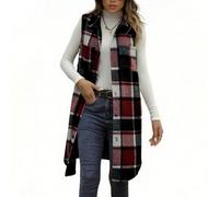 Dyhxuan Weste Damen Ärmellose Wollmantel Lang Wollweste Farbblock Kariert Westen Elegant Revers Übergangsjacke Longweste mit Tasche