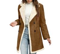 Dyhxuan Wintermantel Damen Revers Wildleder Mantel Sherpa Gefüttert Winterjacke Zweireihig Fleecemantel Lang Wildlederjacke Elegant Winter Coat