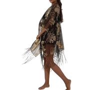 DyLyz Langer Kimono Cardigan für Damen elegant schwarz glänzende Pailletten Überwurf Schal Wickeltuch leichtes Bolero Oberteil mit offener Vorderseite für Strandmantel Bikini Party