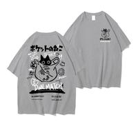Dynict Unisex Cartoon-T-Shirts Harajuku Kawaii Katze Brief gedruckt Kurzarm T-Shirts Paar lose Kleidung Y2K Tops, Grau, S
