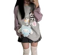 Dynict Y2k Süße Sweatshirts für Damen, Harajuku, Kawaii, gestreift, Sweatshirts, Cartoon-T-Shirts, Grau, L
