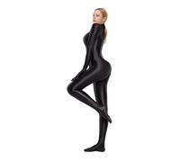 E EASILK Glänzender Ganzkörper-Catsuit, hoher Halsausschnitt, Reißverschluss und Fuß, Overall für Damen, Schwarz, Large
