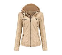 E-girl Damen Beige Lederjacke Schlank Kurz Kunstleder Kapuze Jacket Reißverschluss Motorrad Jacke für Frühling und Herbst,S,C6699N
