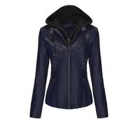 E-girl Damen Dunkelblau Lederjacke Schlank Kurz Kunstleder Kapuze Jacket Reißverschluss Motorrad Jacke für Frühling und Herbst,3XL,C6699N