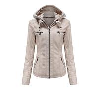 E-girl Damen Elfenbein Lederjacke Schlank Kurz Kunstleder Kapuze Jacket Reißverschluss Motorrad Jacke für Frühling und Herbst,S,C6699N