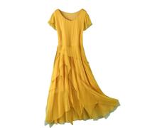 E-girl Damen Gelb Seidenkleid Einfarbiges Rundhals Ohne Arm 100% Seide Kleid Luftiges Slim unregelmäßiges Knielanges Mulberry Seidenkleid,EU 34,D6608