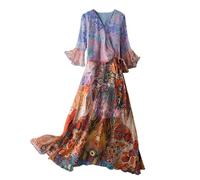 E-girl Damen Orange Seidenkleid Bedrucktes V-Ausschnitt Kurzarm 100% Seide Kleid Luftiges Hoch Taillierte Rüschen Knielanges Mulberry Seidenkleid,EU 38,D1986