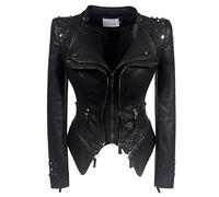 E-girl Damen Schwarz Lederjacke Kunstleder Bikerjacke mit Reißverschluss,P603,S
