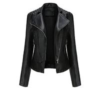 E-girl Damen Schwarz Lederjacke Schlank Kurz Kunstleder Revers Jacket Reißverschluss Motorrad Jacke für Frühling und Herbst,S,C6637N