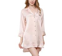 E-girl Damen Seide Nachtwäsche Nachthemd 100% Seide Bademantel Blusenstil Seidenkleid Langarm S5606,Rosa,L